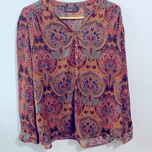 PEACOCK PRINT BLOUSE BY APT 9 XL ELEGANT PEARLIZED BUTTONS
